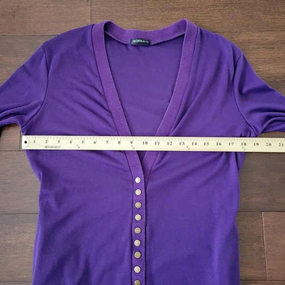 Women's Purple Longline Slim Fit V-Neck Ribbed Hem Cardigan Sweater Size L - Picture 6 of 8